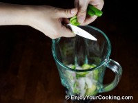 Combine avocado, shallot and serrano pepper in blender cap