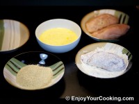 Start with flour, cover cutlet completely